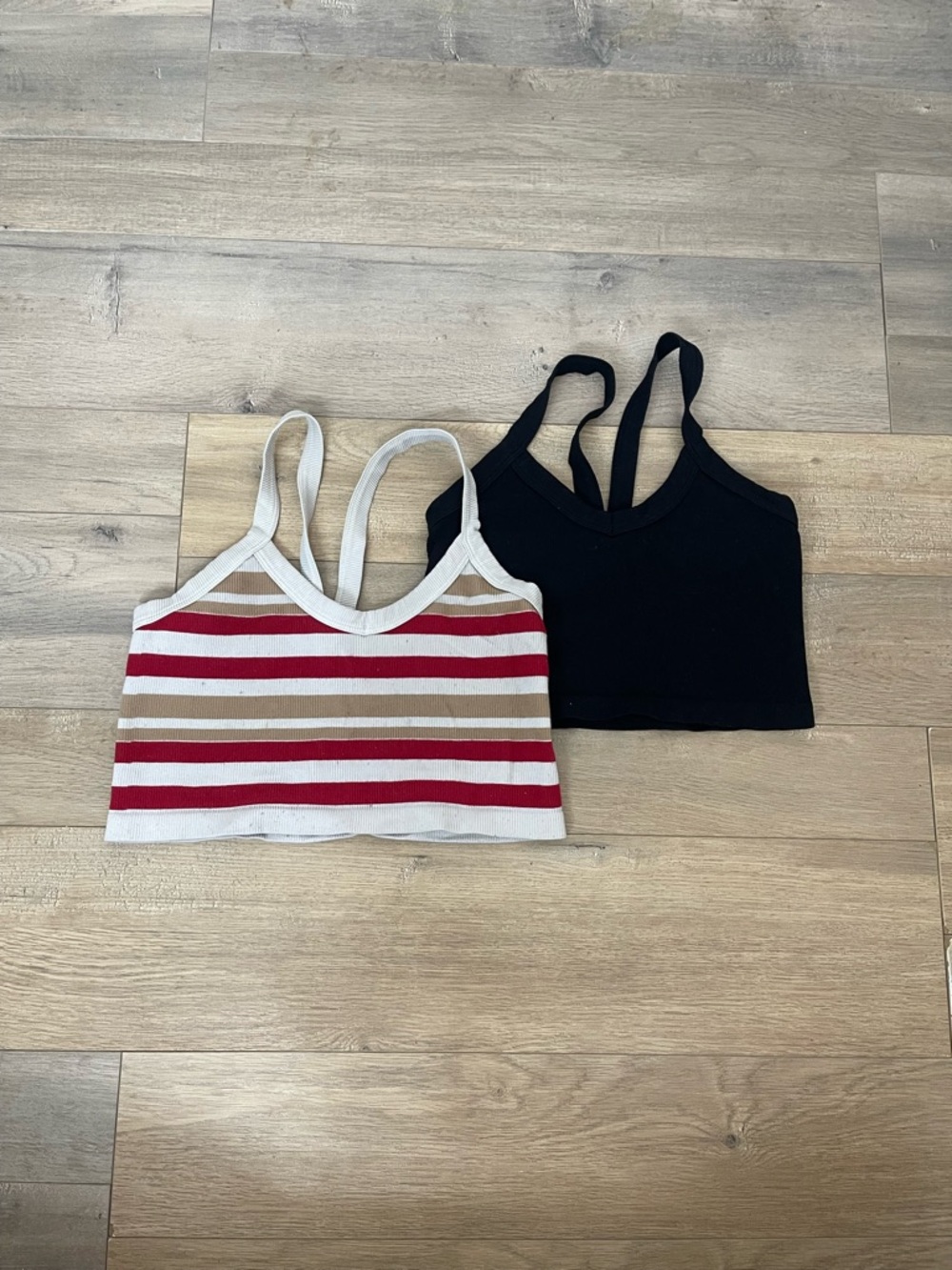 Striped Red & Cream & Black Cropped Tank Top Duo